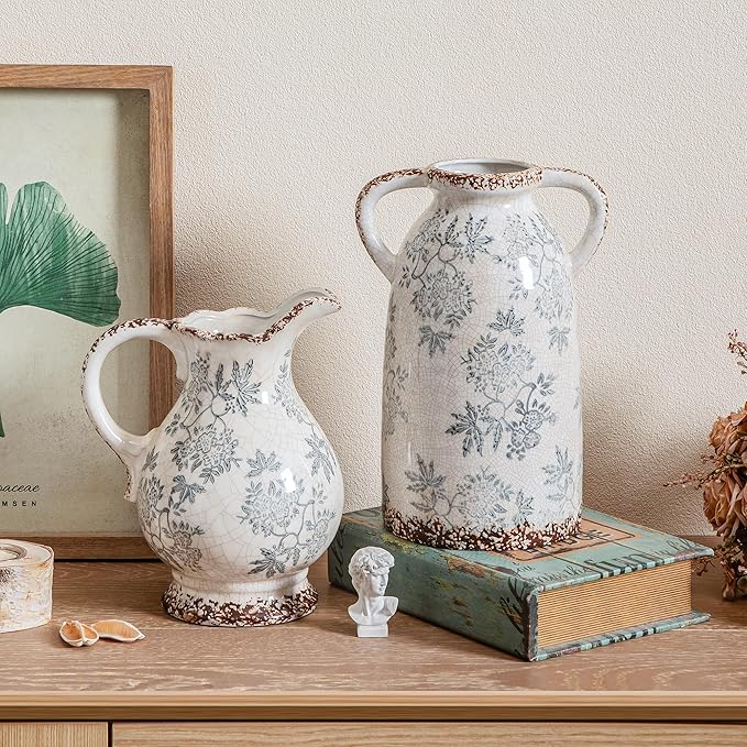 Enra Large Vintage Blue and White and Pitcher for Home Decor, 9.7 Inch Rustic Chinoiserie Decorative Vases, Green and Beige Ceramic Vases for Living Room, Kitchen, Office – Large Vases for Decor