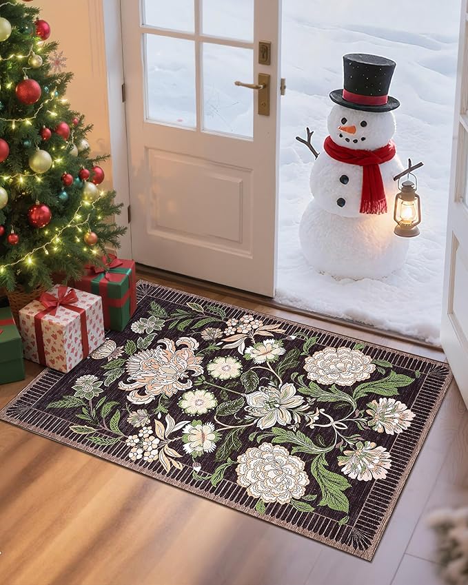 GarveeHome Plum Pink Floral 2x3 Door Mat Indoor Rugs for Entryway Small Black Purple Vintage Boho Cottage Throw Washable Non-Slip Low-Pile Rug for Bedroom Kitchen Bathroom Entrance