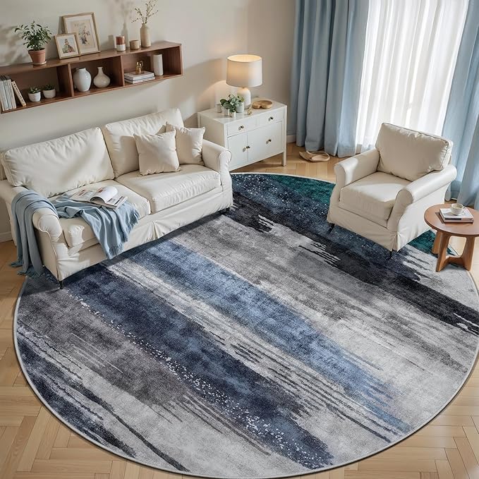 Ciicool 8ft Round Washable Rug, Modern Abstract Circle Rugs, Non-Slip Thin Lightweight Rug Navy Grey Circular Print Distressed Carpet for Bedroom Living Room Under Dining Table Home Office Decor