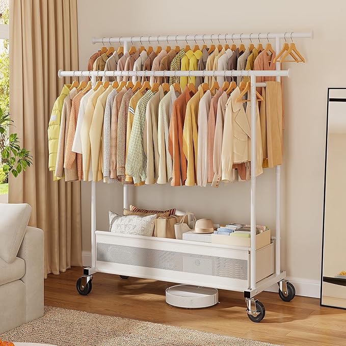 Clothes Rack, Double Rods Clothing Rack, Clothing Racks for Hanging Clothes, Rolling Clothes Rack with Storage Basket & Heavy Duty Wheels, Garment Rack for Bedroom, Laundry Room, White