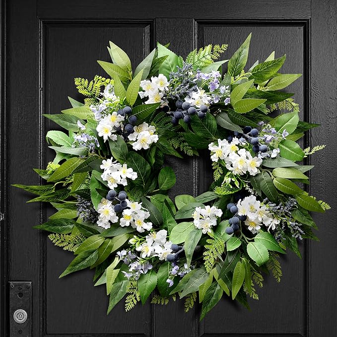 22 Inch Blueberry Spring Summer Wreath for Front Door, Artificial Wreath with Blue Berries and White Blossoms, Modern Farmhouse Wall Wedding Home Outdoor Decor, Year Round All Season Greenery Wreath