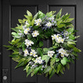 22 Inch Blueberry Spring Summer Wreath for Front Door, Artificial Wreath with Blue Berries and White Blossoms, Modern Farmhouse Wall Wedding Home Outdoor Decor, Year Round All Season Greenery Wreath