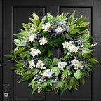 22 Inch Blueberry Spring Summer Wreath for Front Door, Artificial Wreath with Blue Berries and White Blossoms, Modern Farmhouse Wall Wedding Home Outdoor Decor, Year Round All Season Greenery Wreath