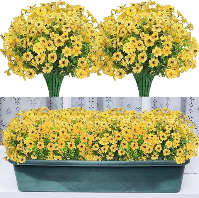24 Bundles Artificial Flowers for Outdoors Decorations, Fake Flowers Artificial Plants Outdoor, Colorful Daisy Eucalyptus Realistic UV Resistant for Garden Patio Porch Home Decor, Yellow
