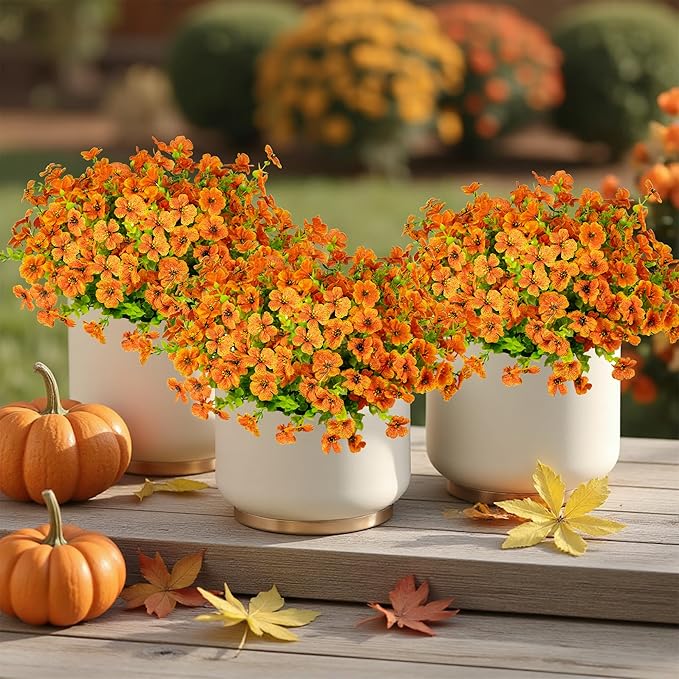 Artificial Fake Flowers for Outdoors Fall Autumn Decorations,Faux Mums Flowers Silk Daisy Plants Greenery Realistic UV Resistant for Outside Planter Front Porch Patio Boxwood Garden 16 Bundles(Orange)