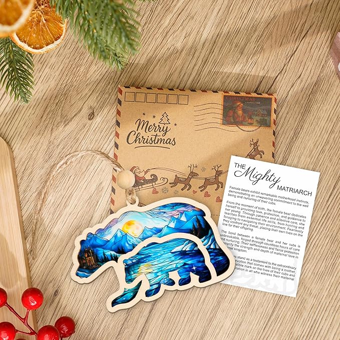 Mama Bear Suncatcher Effect Ornament with Story Card, Mama Bear Decorations, Mothers Day for Mom from Kids Son Daughter, The Mighty Matriarch Bear and Cub Ornaments, Motherhood Gift