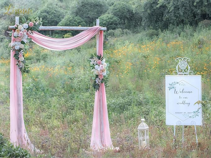 Lisuun Wedding Arch Flowers, Artificial Flowers for Decoration, 2pcs Flower Swag and 1 pcs Semi-Sheer Chiffon Table Runner Swag for Beautiful Dream Wedding Ceremony Floral Decor - Pack of 3
