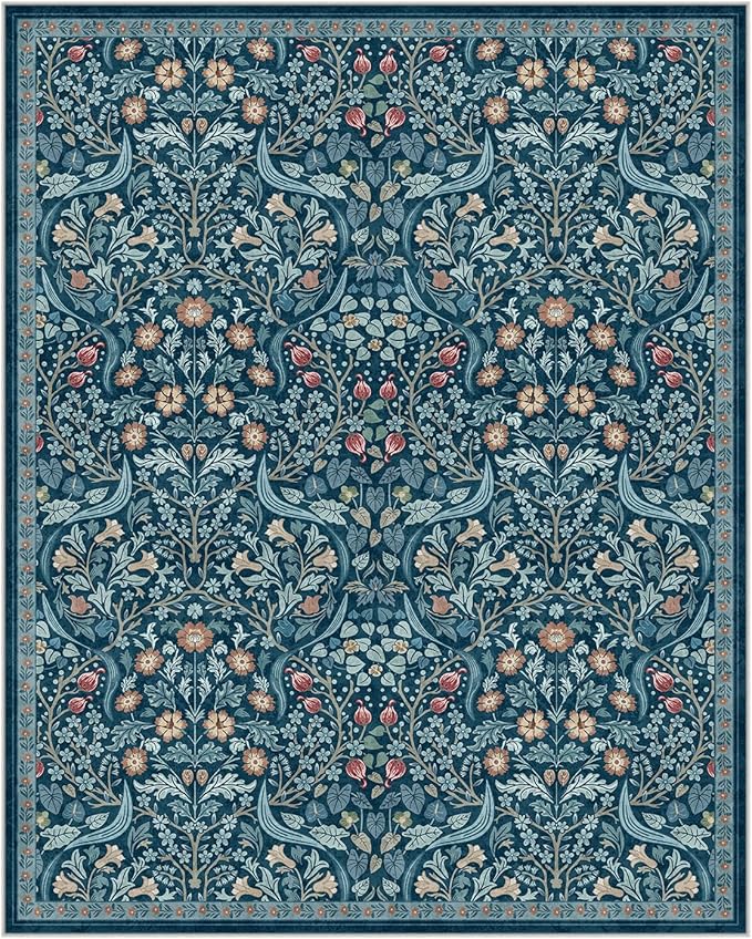 Moynesa Floral Washable 8x10 Rug, Large Area Rugs for Living Room, Soft 8 x 10 Boho Bedroom Rugs, Non Slip Botanical Ultra Thin Floor Carpet for Dining Room Nursery, Teal