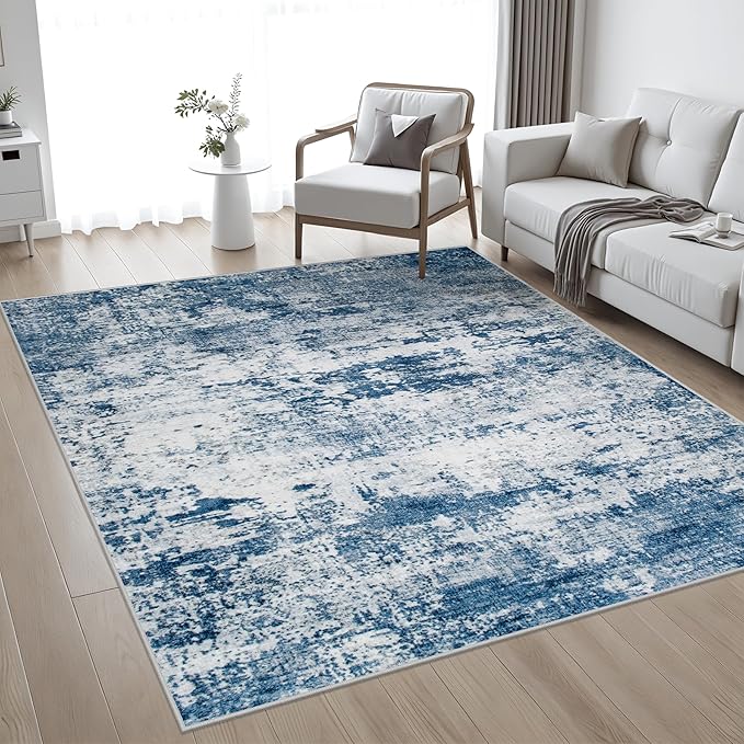 6x6 Area Rug Living Room Rug: Washable Modern Abstract Soft Thin Rug Indoor Floor No Slip Stain Resistant Carpet for Bedroom Dining Room Farmhouse Nursery Home Office - Blue