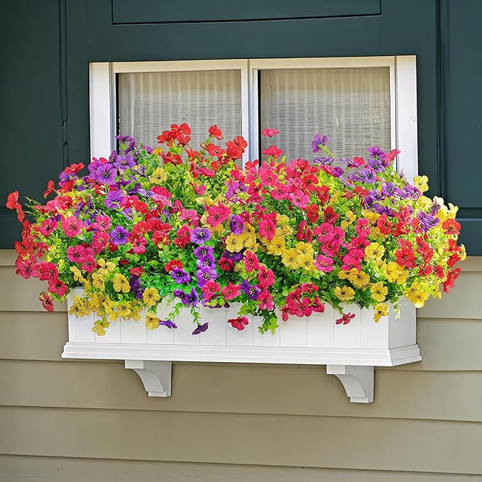 Artificial Fake Flowers Plants for Outdoors Spring Summer Decor,16 Bundles Faux Flowers Plant Silk Daisy UV Resistant for Outside Planters Front Porch Patio Yard Garden Home(Red,Purple,Yellow,Fuchsia)