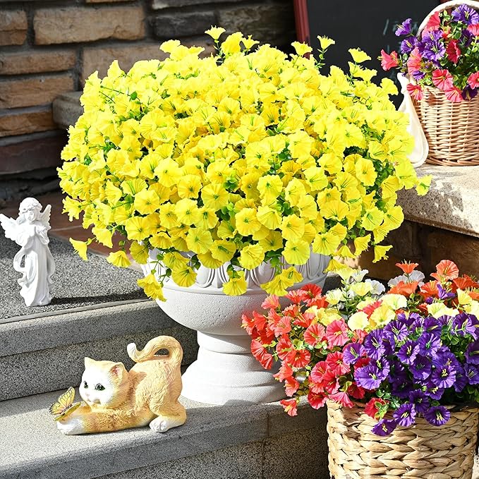 Waipfaru Artificial Flowers for Outdoors, 24 Bundles Faux Plants Outdoor, UV Resistant Artificial Plants, Silk Petunias Fake Flowers for Outside Home Decor Planter Porch Decoration, Yellow