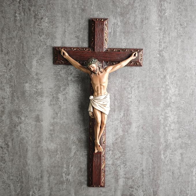 BC Catholic Crucifix Wall Cross, 12" H Jesus Christ Cross Home Decor, Religious Devout Gift, Wood Carve Looking, Hand Painted by Buildclassic