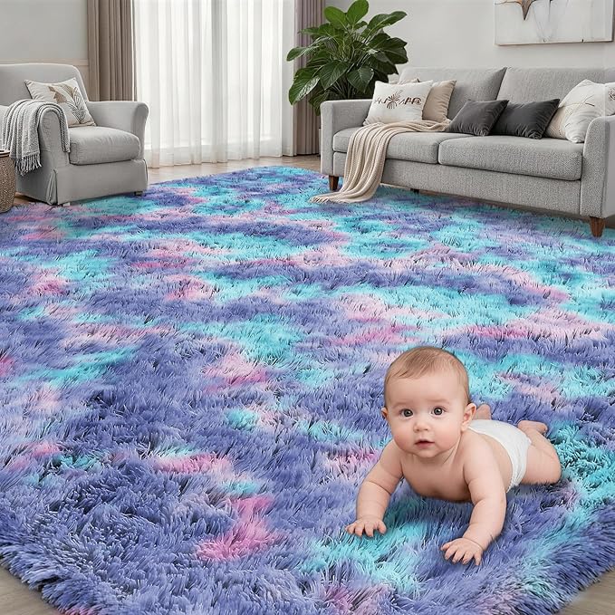 6x9 Area Rugs for Living Room Bedroom: Ultra Soft Fluffy Shag Rug Upgrade Non-Slip Non-Shedding Large Fuzzy Plush Carpet Indoor Floor Carpets for Kids Room Playroom Nursery Dorms Home Rainbow Purple