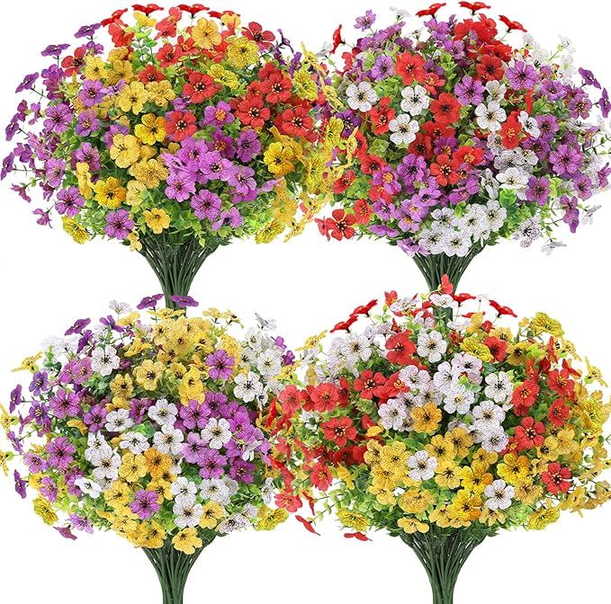 24 Bundles Artificial Flowers for Outdoors Decorations, Fake Flowers Artificial Plants Outdoor, Colorful Daisy Eucalyptus Realistic UV Resistant for Garden Patio Porch Home Decor