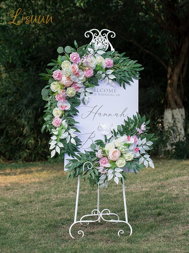 Lisuun Wedding Arch Flowers, Artificial Flowers for Decoration, 2pcs Flower Swag and 1 pcs Semi-Sheer Chiffon Table Runner Swag for Beautiful Dream Wedding Ceremony Floral Decor - Pack of 3