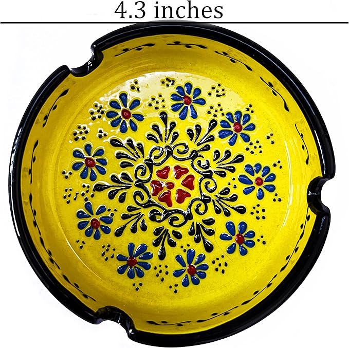 Ashtray Set Cigarette Ash Tray for Indoor Outdoor Use Ash Holder for Smokers Desktop Smoking Ash Tray - Home Office Decoration Hand-Paint Ceramic Cigar Ashtrays (2 pcs Large - Yellow and Blue)