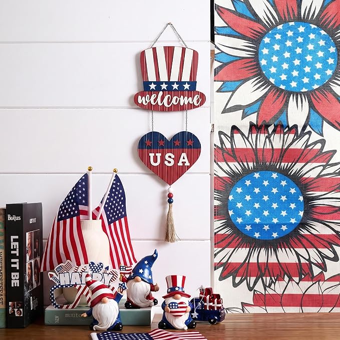Valery Madelyn 4th of July Wreath, Patriotic Wreath for Front Door, Red White and Blue Top Hat and Heart Wall Signs for Memorial Day Independence Day USA 250th Anniversary, 28 inch