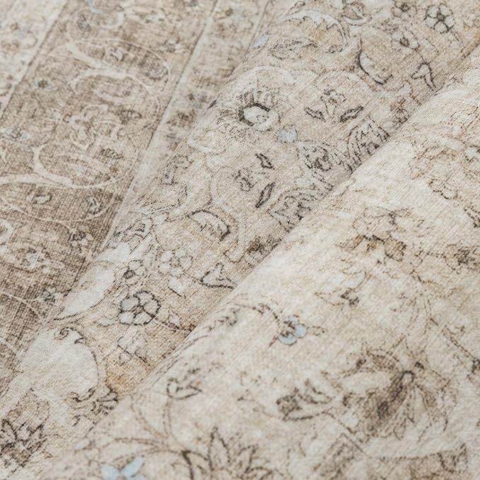 Beige Area Rug 4x5 Washable Office Entryway Vintage Carpet Low Pile Non Slip Distressed Door Mat Soft Traditional Retro Oriental Small Accent Throw Rug Kitchen Bedroom Bathroom Dining Room