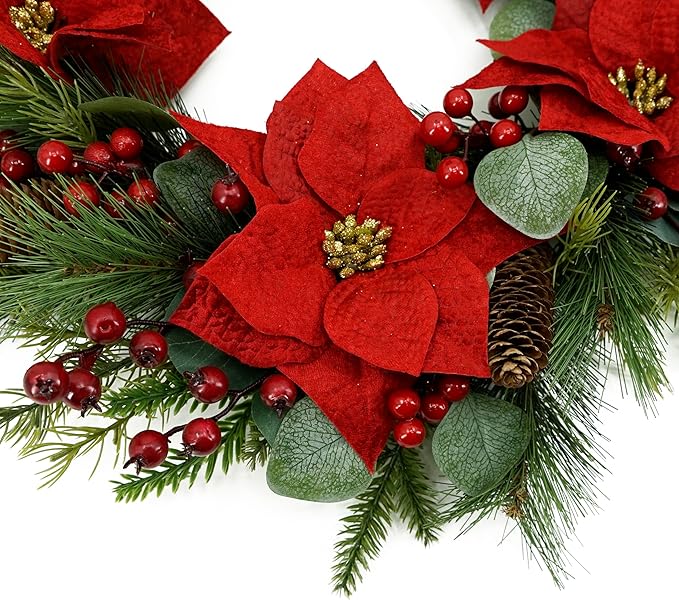 AMF0RESJ 20 inch Artificial Christmas Wreath Winter Wreath with Poinsettia,Eucalyptus Leaves,red Berry,Pine Cones,Pine Needles for Indoor Outdoor Farmhouse Home Wall Window Festival Wedding Decor