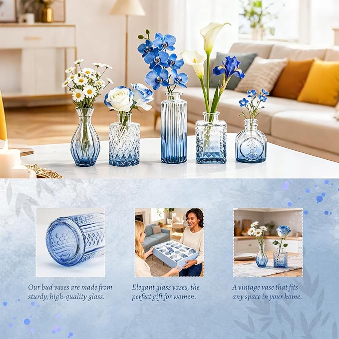 Der Rose Blue Glass Bud Vases Set of 30, Small Bud Vases for Flowers, Rustic Wedding Centerpieces and Home Decor