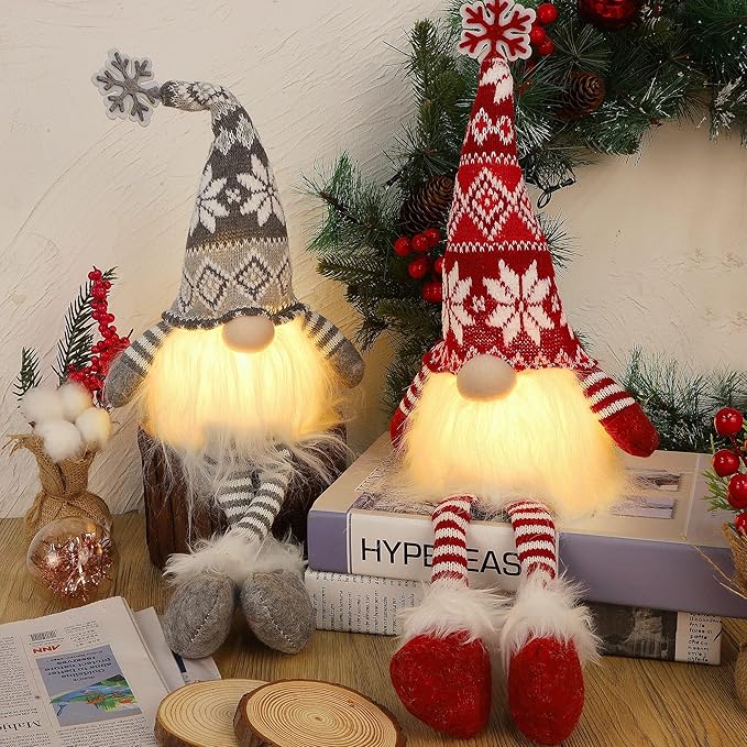 Juegoal 2 Pack Lighted Christmas Gnomes with Dangling Legs, 19.5Inch Handmade Scandinavian Swedish Tomte, Battery Operated Winter Tabletop Christmas Decorations Collectible Figurines
