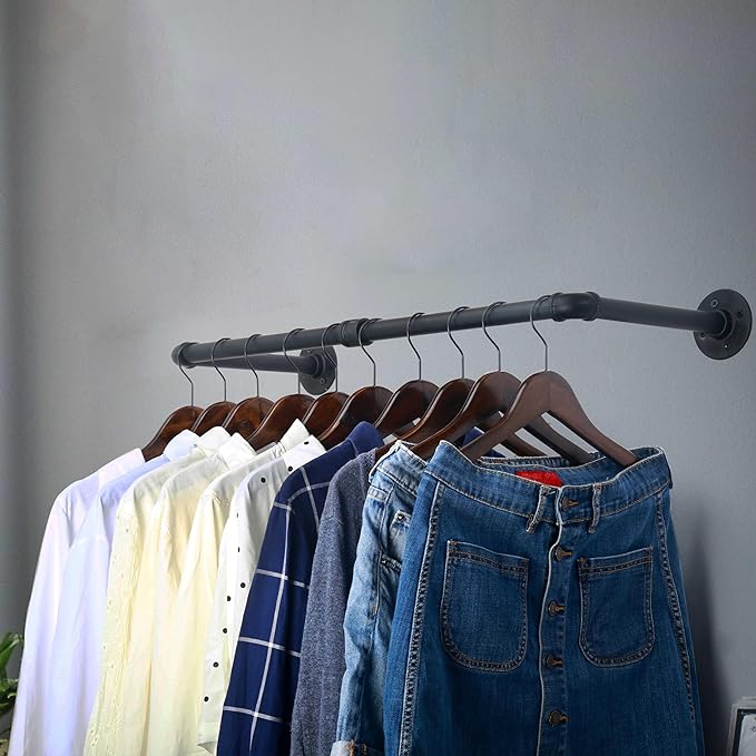 WEBI Clothing Rack Wall Mount,24" Industrial Pipe Clothes Rack for Hanging Clothes,Heavy Duty Iron Garment Rack Bar,Retail Display Clothes Rod for Closet,Laundry Room,Black