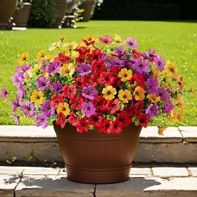 Artificial Flowers for Outdoors Potted Spring Decor, 12 Bundles Fake Summer Daisy with Realistic Eucalyptus Leaves, Faux Plants for Greenery Boxwood Porch Patio Garden Pot Lawn(Red Purple Yellow)