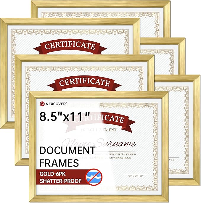 NEXCOVER Diploma Frame Gold 6 Pack, 8.5 x 11 Certificate Frame with HD Plexiglass, 8.5 by 11 Picture Frames for Documents, Photos, Posters, Artworks, Horizontal and Vertical Wall Display