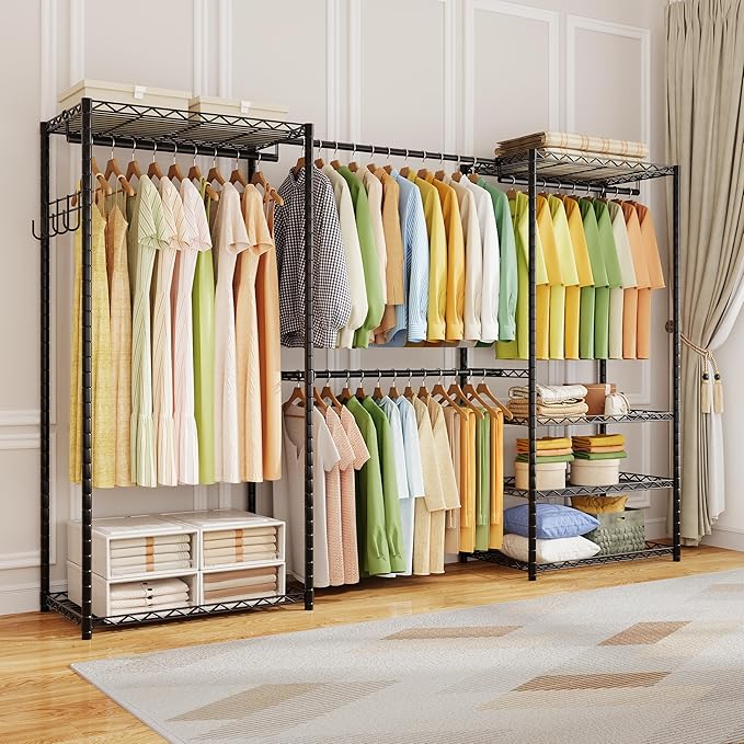 ecobedding Heavy Duty Garment Rack, 900LBS Max Load Freestanding Closet Organizer with 6 Storage Shelves & 3 Adjustable Hanging Rods, Multifunctional (Black, 15.75" D x (69.7~88.2)" W x 79.5" H)