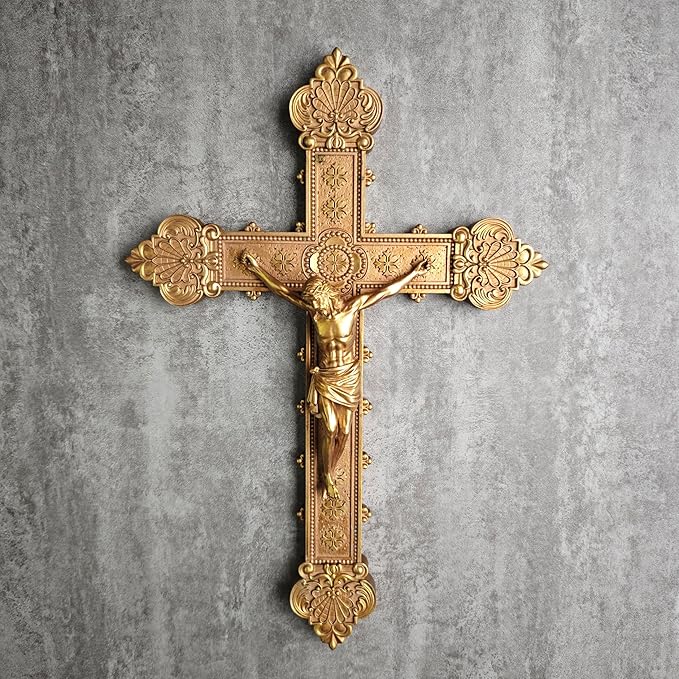BC Catholic Crucifix Wall Cross, 12"H Jesus Christ Religious Home Decor, Catholic Wedding Gift, Gold Color Finish, Hand-painted by Buildclassic
