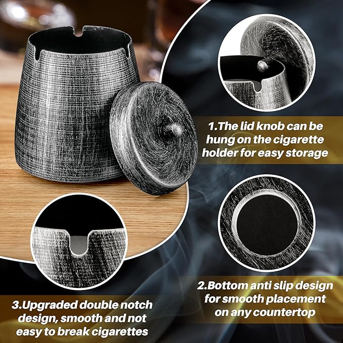 Ashtray for Cigarettes Outdoor, Outdoor Ashtray with Lid for Cigarette, Metal Odorless Windproof Smokeless AshTray for Patio Home Office Tabletop Balcony