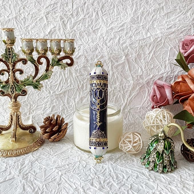 Mezuzah, Exquisite Black and Gold Enamel Mezuzah with Blue Crystal Accent