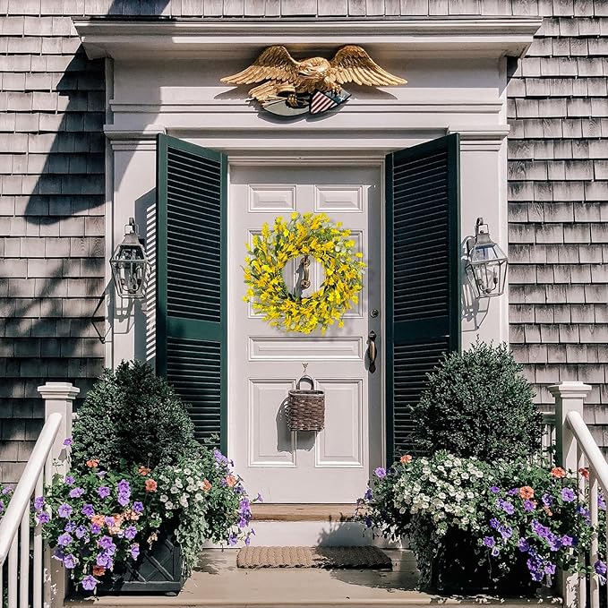 22 Inch Yellow Forsythia Wreaths for Front Door, Spring Summer Floral Wreath, Farmhouse Wreath for Porch, Wall, Window, Indoor Outdoor Home Decor