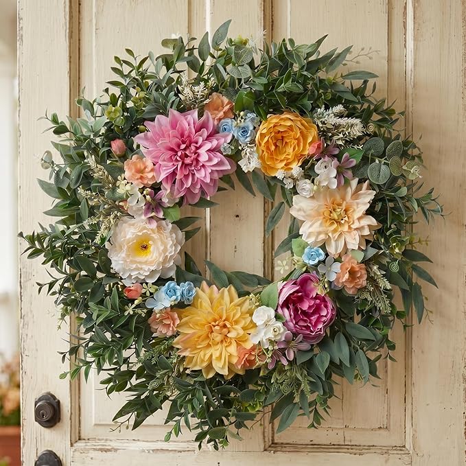 Somikis 24 Inch Front Door Wreath, Large Artificial Flowers Wreath with Silk Peony Dahlia Eucalyptus, Realistic Greenery Welcome Floral Wreath Decor All Year Round for Inside Outside Wall Entryway