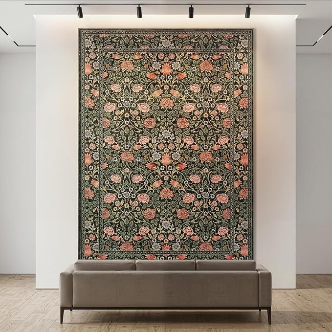 GarveeHome Dark Green Vintage Floral Washable 6x9 Area Rugs for Living Room Boho Botanical Retro Rug Low Pile Stain Resistance Non Slip Carpet for Bedroom Nursery Dining Room