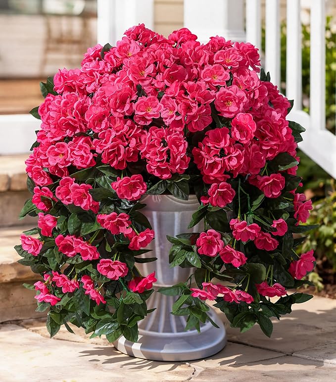 Faux Geraniums Artificial Flowers for Outdoors Spring Porch Outside Decor, 2PCS Hotpink Silk Geraniums Vines Fake Hanging Plants UV Resistant Look Real for Outdoor Planters Patio Garden Balcony Home