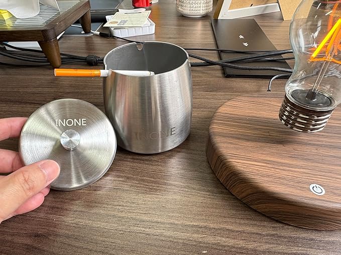 INONE Extra Large Ashtray with Lid for Cigarette, Stainless Steel Smokeless Odorless Windproof Ash tray for Home Office Tabletop Outside Patio Outdoor Balcony(4.72''x3.93''x4.33'')