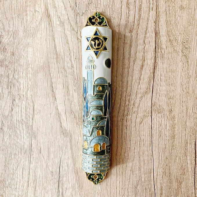 Hand Painted Mezuzah, 9.5 Inches Exquisite Enamel Mezuzah with Star of David and Jerusalem Motifs