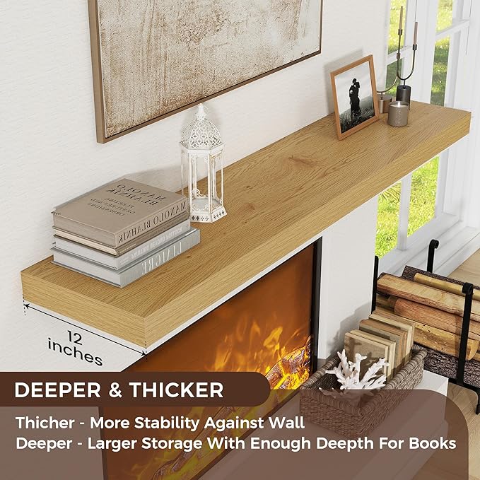 Venusmiles Floating Shelves for Wall, 48 Inch Wide x 12 Inch Deep Floating Shelves, Long Wood Floating Wall Shelf Shelves for Living Room Bathroom Bedroom Kitchen Home - (Oak, 48" W x 12" D x 2" H)