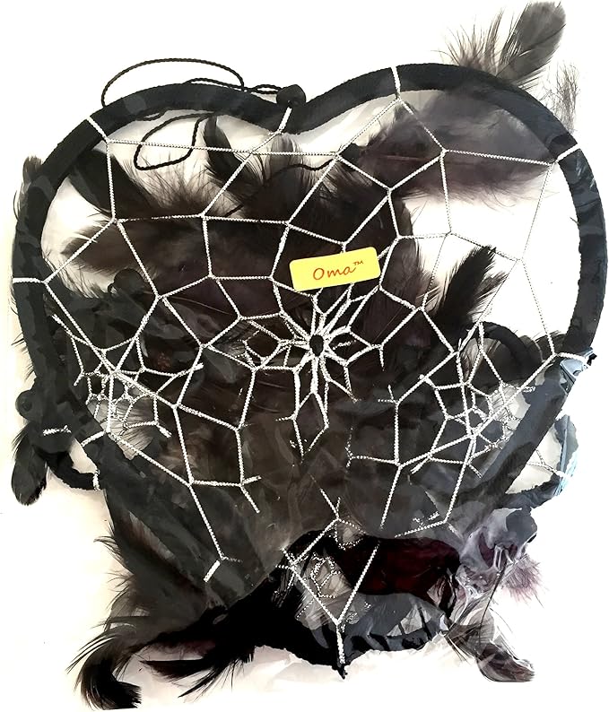 OMA Dream Catcher - Hand Made Brown Feather Dream Catcher Heart Shaped with Crystal Beads - 7" Diameter & 24" Long - OMA Federal (TM) Brand