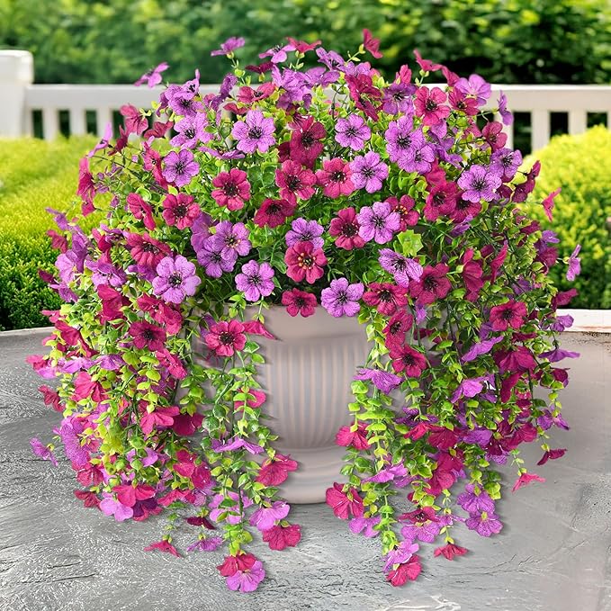Artificial Hanging Flowers for Outdoors Spring Decoration, 2PCS Silk Fake Daisy Realistic Outdoor Flowers UV Resistant Porch Patio Window Yard Decor(Light Purple Red)