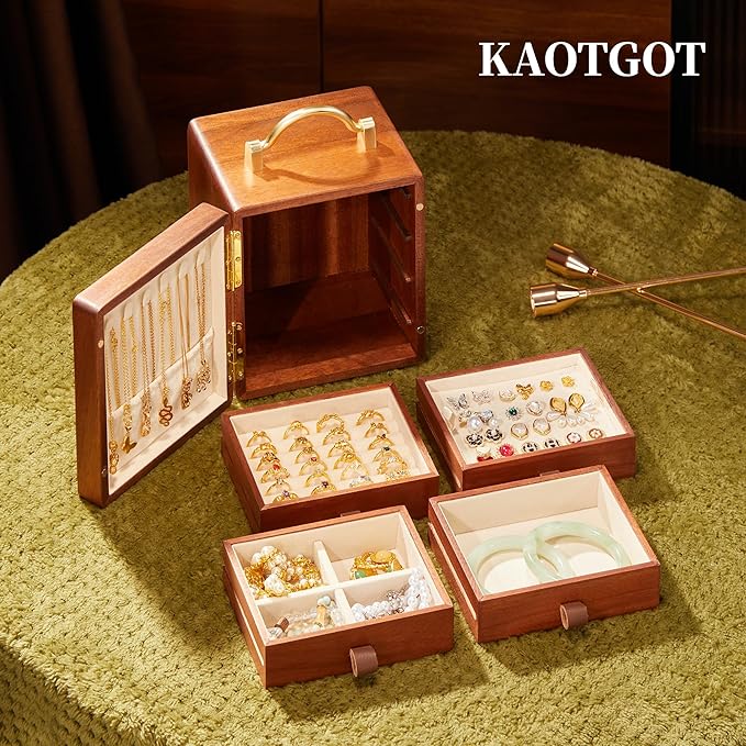 Wooden Jewelry Box for Women 4 Tier Walnut Wooden Jewelry Box with handle (Flower and butterfly prints B)