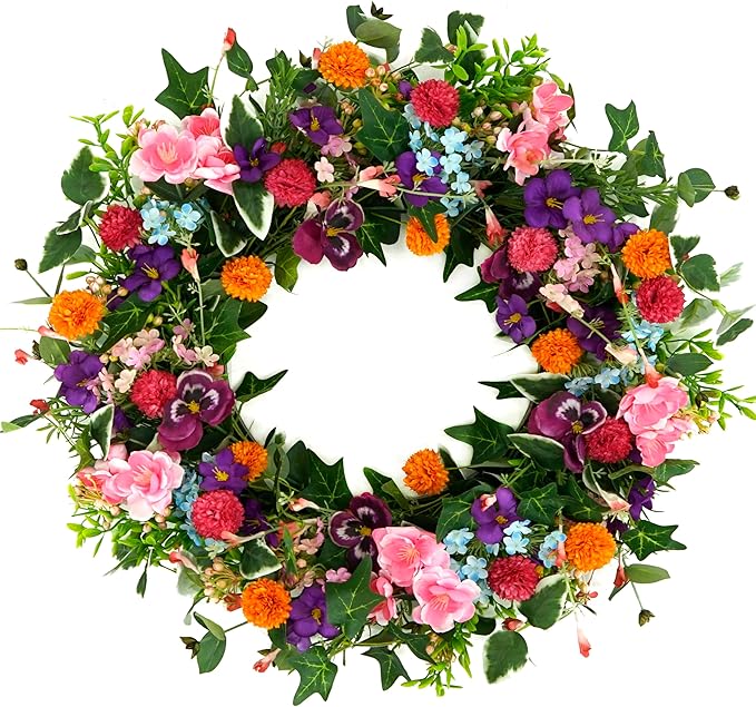 WreathDream Spring Summer Wreaths for Front Door Pansy Wreath with Pink Cherry Blossoms,Small Ball Bhrysanthemum for Indoor Outdoor Farmhouse Home Porch Wall Window Festival Wedding Decor
