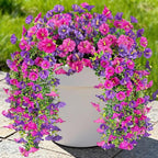 Artificial Hanging Flowers for Outdoors, 4 PCS UV Resistant Faux Plants Silk Realistic 150 Morning Glory Each Vines, Fake Plastic Floral for Garden Patio Spring Summer Decor, Fuchsia & LightPurple