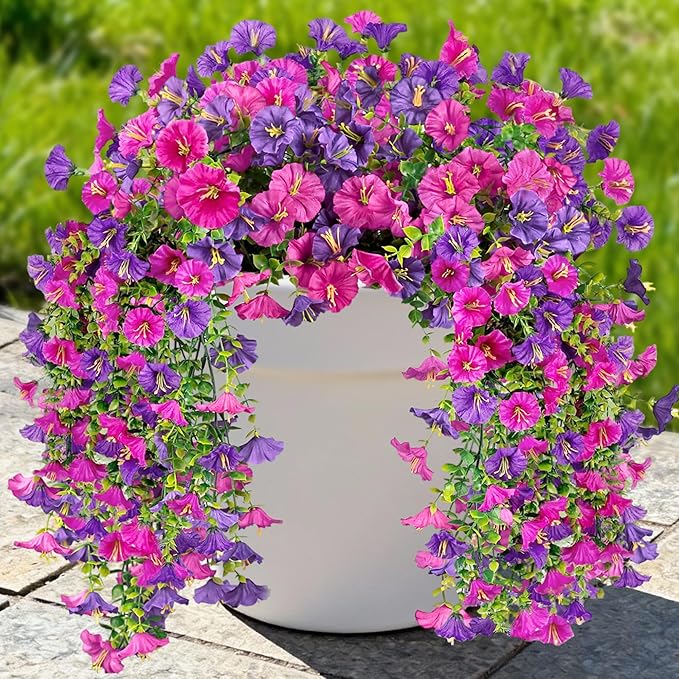 Artificial Hanging Flowers for Outdoors, 4 PCS UV Resistant Faux Plants Silk Realistic 150 Morning Glory Each Vines, Fake Plastic Floral for Garden Patio Spring Summer Decor, Fuchsia & LightPurple