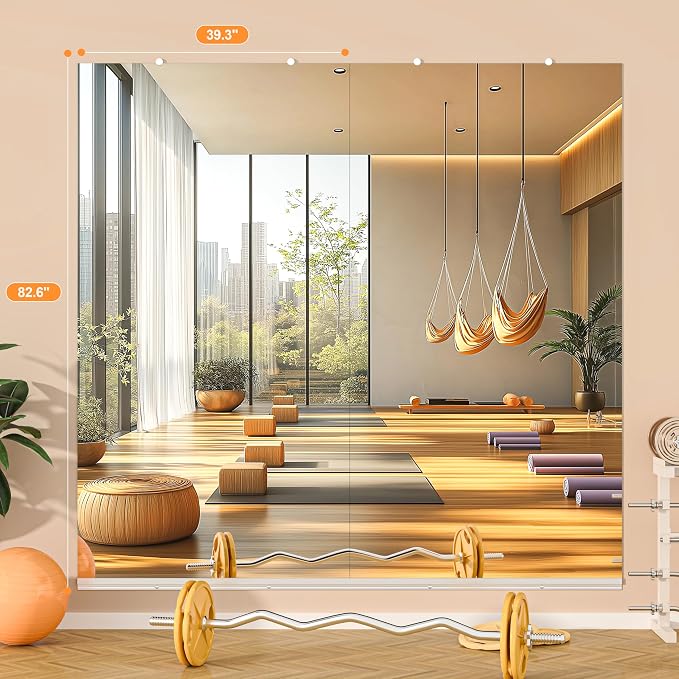 Hasipu Home Gym Mirror, 83"x40" Each, 1-Pack Frameless Wall Mounted Mirrors with Glass Clamps & 1 Aluminum Rail, Large Body Mirror for Home Gym, Yoga Studio, Bedroom, Silver Tempered Glass