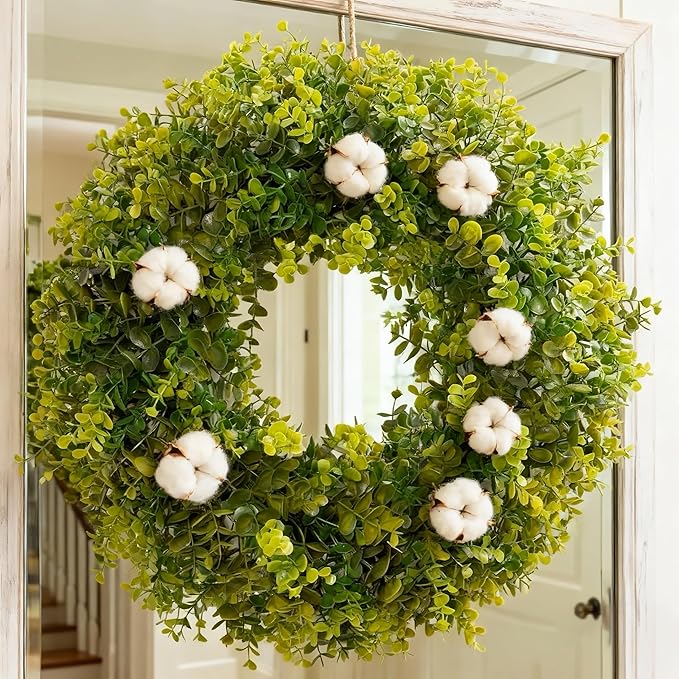 Hiptree 18 Inch Boxwood Wreath for Front Door-Artificial Spring Greenery Indoor Outdoor Wreaths Decorations, Farmhouse Wall Decor-Wedding,Summer, Fall, Winter,Easter, Green All Year Round,DIY Wreaths