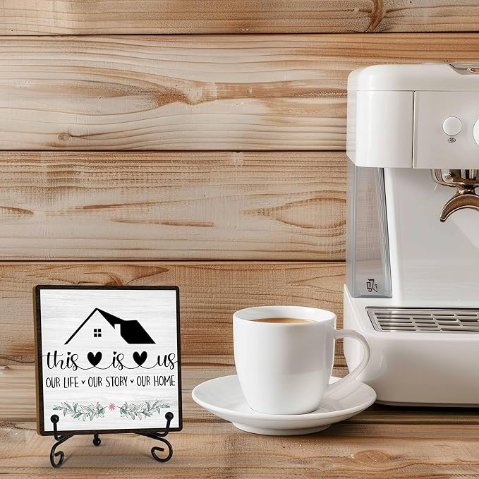Welcome Home Sign, Home Kitchen Decor and Accessories, This Is Us Sign, Farmhouse Wooden Plaque with Iron Stand for Living Room Bedroom Table Shelf Decor-A18