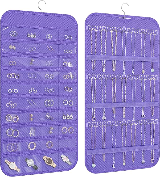 Hanging Jewelry Organizer Storage, 40 Pockets 36 Hooks Necklace Earring Necklace Bracelet Ring Organizer, Double - Sided Design, Purple