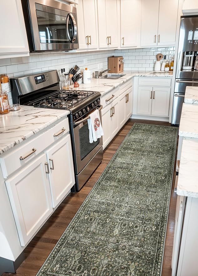 Lahome Dark Green Runner Rugs for Hallway 2x10, Washable Stain Resistant Kitchen Runner Rug 10ft, Rubber Backed Non Slip Carpet for Entryway Back Sliding Door